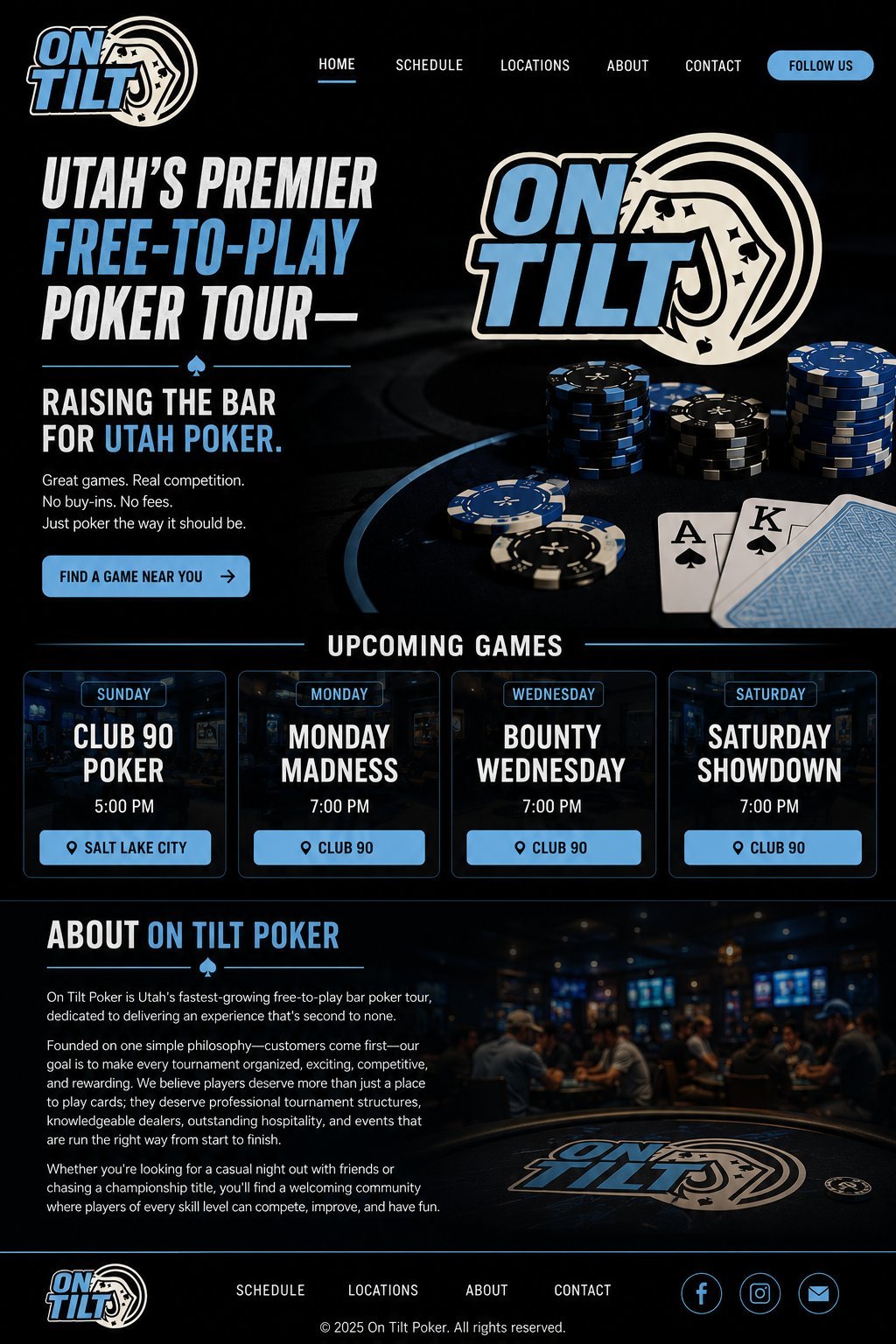 On Tilt Poker website homepage featuring Utahs premier free-to-play poker tour with upcoming games and poker chips