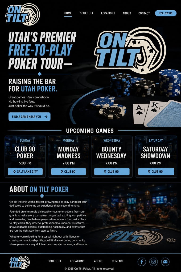 On Tilt Poker website homepage featuring poker chips, cards, and upcoming tournament schedules for Utahs free-to-play poker tour