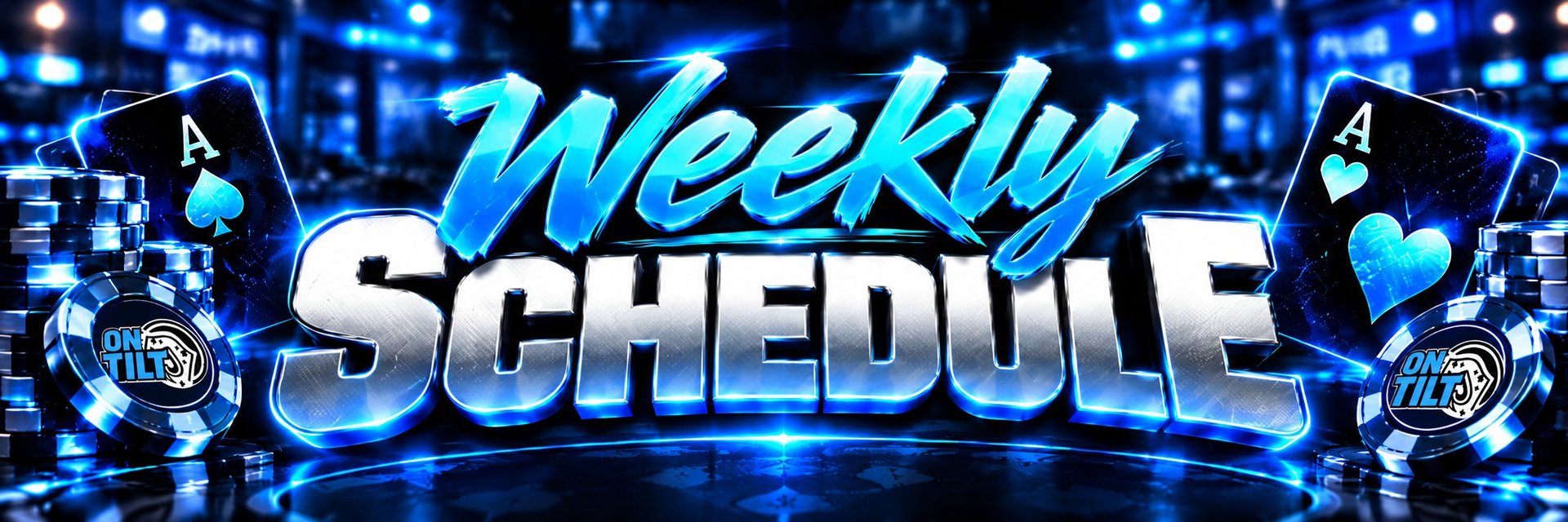 Blue neon graphic with Weekly Schedule text and playing card symbols on digital background