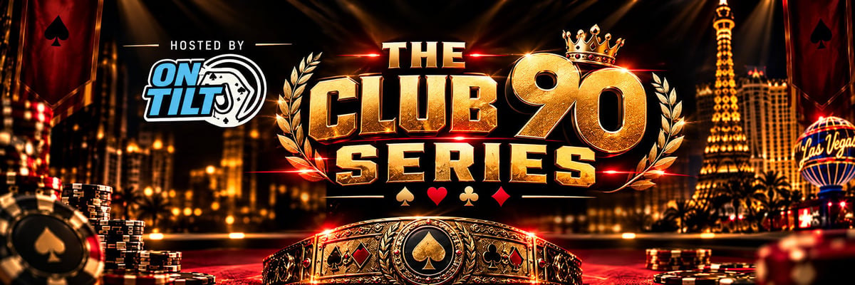 The Club 90 Series logo with golden text on a Vegas-themed background featuring city lights and casino imagery, hosted by One Hero