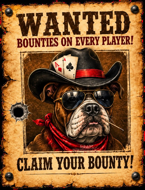 Wanted poster featuring a bulldog wearing sunglasses and cowboy hat with playing cards, advertising bounties on every player