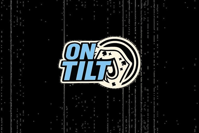 On Tilt arcade game logo with joystick on distorted digital background