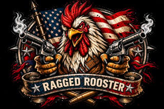 Ragged Rooster logo featuring a bald eagle with red and white feathers, revolvers, American flag, crossed rifles, and decorative banner on black background